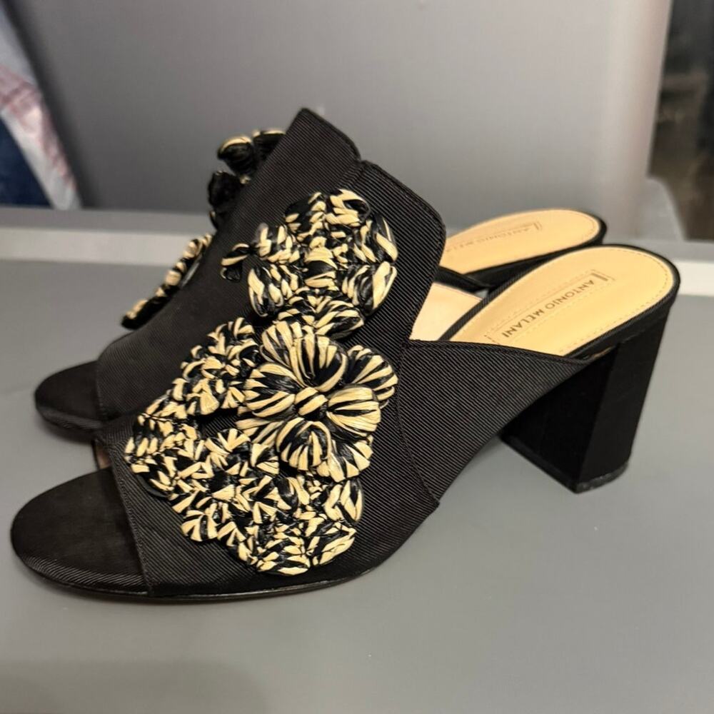 ANTONIO MELANI Black and Cream Floral Embellished Block Heel Mules
